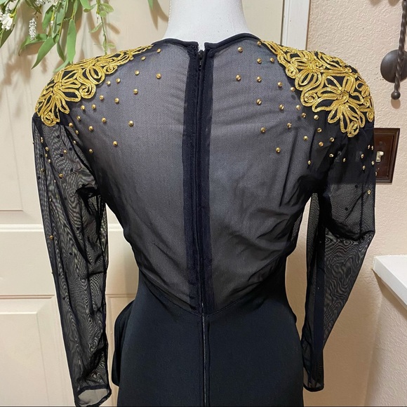 Vintage 80’s Caché Gold Embellished SheerArm Dress - Picture 12 of 13